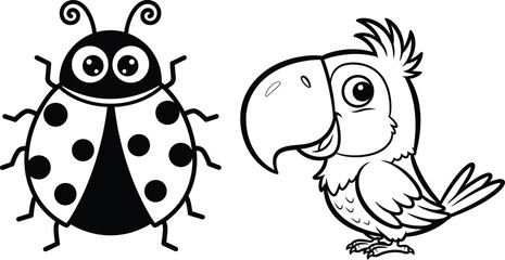 Obraz premium Black and white illustration of ladybug and parrot for kids