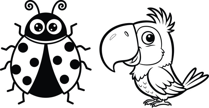 Black and white illustration of ladybug and parrot for kids