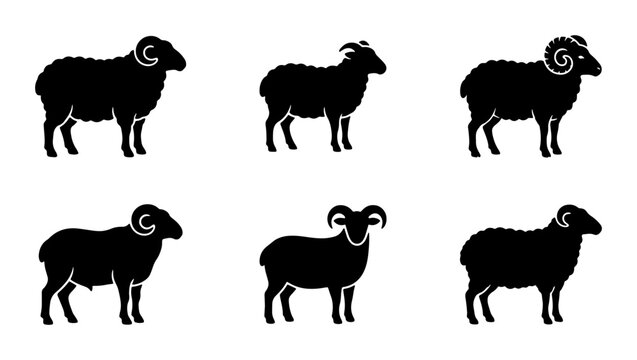Set of Six Black Sheep Silhouettes, Ram and Ewe Icons, Farm Animal Vector Graphics for Livestock and Agriculture Concepts