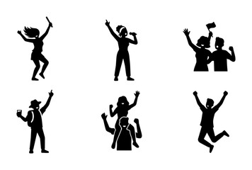 Obraz premium Celebration Silhouettes: Diverse People Cheering, Dancing, and Enjoying Events, Vector Icons Set