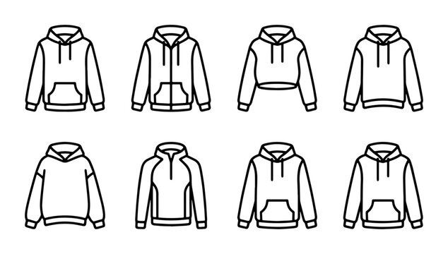 Hoodie Vector Icons Set: Casual Apparel Collection, Fashion Garment Templates, Clothing Design Elements