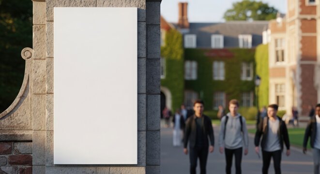 Blank street banner mockup on stone wall with students walking by in campus setting. Street banner displays white space for promotional content and advertising,