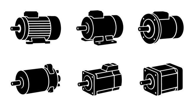 Electric Motor Icons Set, Industrial Power Unit Vector Collection, Mechanical Engineering Components, Machine Drive Elements