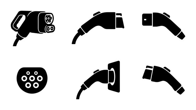 Electric Vehicle Charging Connectors Set, EV Plug Icons, Automotive Power Cable Adapters, Clean Energy Technology
