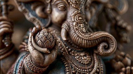 Fototapeta premium Selective focus on a bronze Ganesha statue hand holding a carved lotus bud, showcasing fine details against a beautifully blurred background