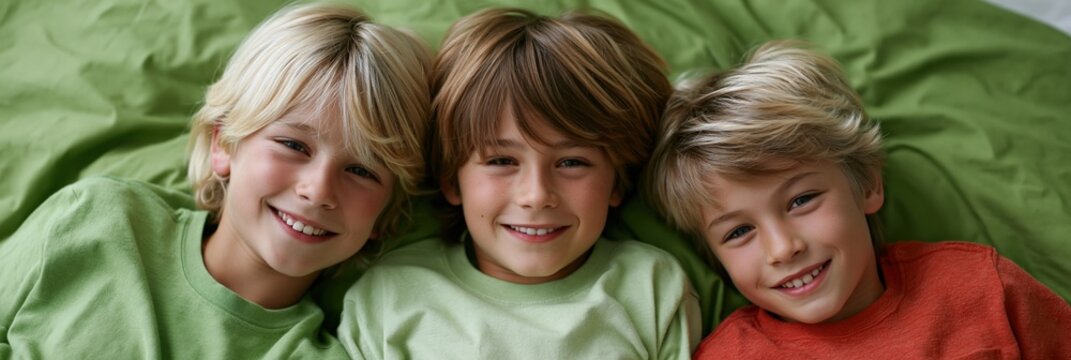 Three smiling boys lying on green bedding background for family banner and warm portrait design