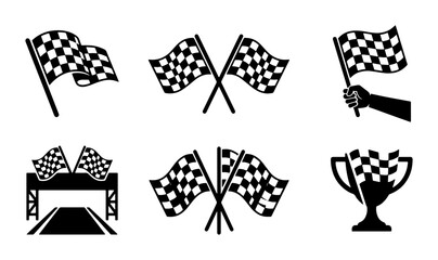 Fototapeta premium Checkered Flags Set, Racing Finish Line Icons, Victory Trophy, Sports Competition Symbols, Black and White Vector Graphics