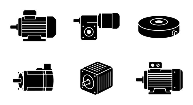 Industrial Motors and Gearboxes Vector Icons Set, Electric Machinery Components Collection, Mechanical Engineering Equipment