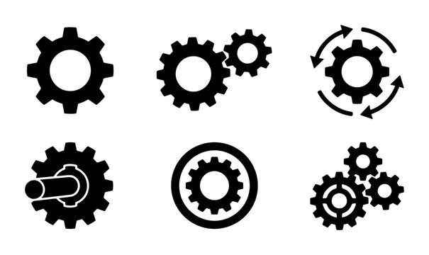 Set of 6 Black Gear Icons, Cogwheel Symbols, Mechanical Engineering Elements, Industrial Machine Parts, Technology and System Concepts