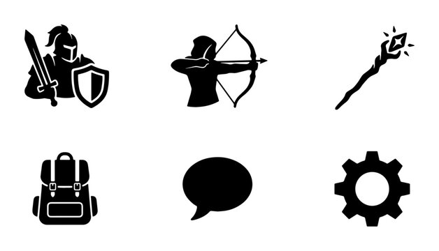 Fantasy Game Icons Set: Warrior, Archer, Mage Staff, Backpack, Speech Bubble, Gear. Vector Graphics for RPG and Adventure.