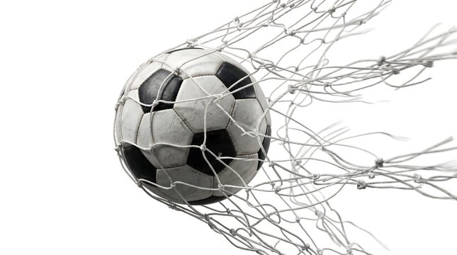 Soccer ball breaking through a net, signifying a goal being scored in a game