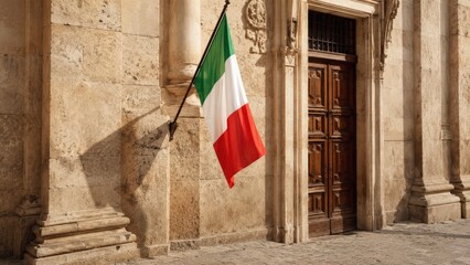 A Beautiful Italian Flag Displaying Vibrant Colors Against Stone Wall near Vintage Wooden Door