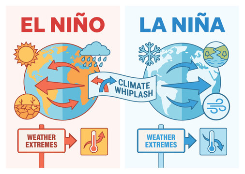 Weather Extremes Sign and Climate Whiplash Illustration - El Nino and La Nina Infographic