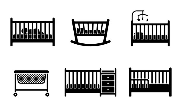 Baby Crib Icons Set, Nursery Furniture Collection, Infant Bed Vector Graphics, Newborn Sleep Space Illustrations