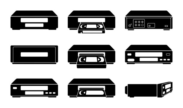 Retro VHS Player Icons, Vintage Video Cassette Recorder Collection, Old Technology Graphics, Nostalgic Media Devices Set
