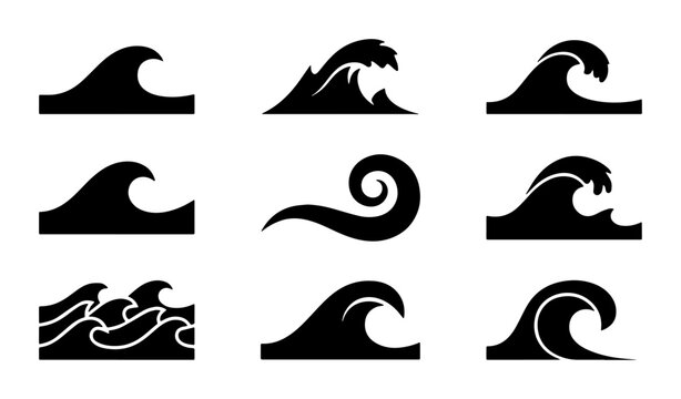 Set of 9 Black Wave Icons, Ocean Swirls, Sea Surfing Graphics, Marine Water Symbols, Nautical Design Elements