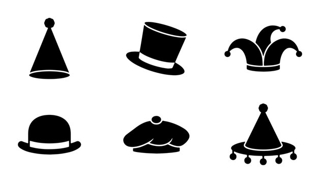 Collection of Six Black Silhouette Hats, Party Caps, Jester Hats, Top Hats, Bowler Hats, Chef Hats, Vector Icons