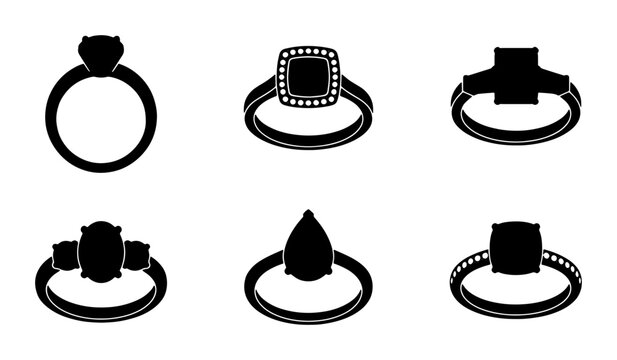 Elegant Ring Icons Set, Engagement & Wedding Jewelry Silhouettes, Precious Gemstone Designs, Luxury Accessories Vector Collection