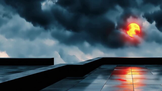 Glowing moon illuminates dark night sky above wet rooftop terrace. Clouds drift past lunar orb reflecting on paved surface. Cinematic mystery and night landscape.