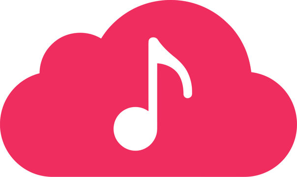 Cloud music icon in pink and white, digital audio streaming vector, musical note symbol for online storage and apps