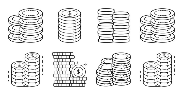 Stacked coins and money illustration icons - Simple vector icons showing stacks of coins and money bundles in various sizes and styles
