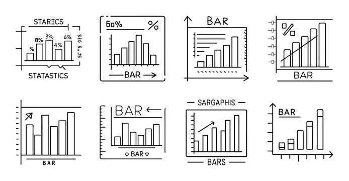 Bar chart and line graph statistics comparison - Colorful bar and line charts comparing data trends and statistics in a clean, organized style for presentations and reports