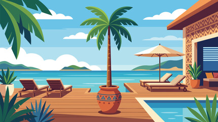 Obraz premium Tropical beach resort illustration with palm trees a swimming pool lounge chairs and ocean view in a vibrant vector style