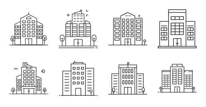 Modern apartment building vector icons set - Minimalist line art icons of various stylish apartment buildings in a clean, simple design.