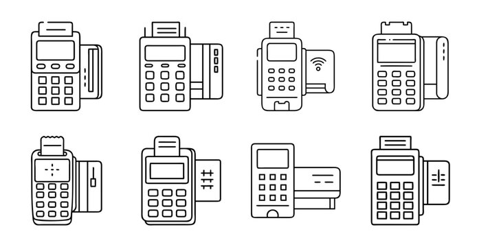 Flat icons of different payment terminals and pos systems - Collection of clean flat icons showing various payment terminals, card readers, and point-of-sale devices in a simple style.
