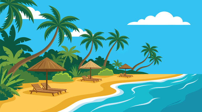Tropical beach landscape with palm trees thatched umbrellas lounge chairs and turquoise water in a vibrant vector illustration