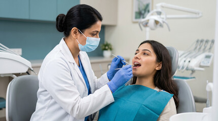 Fototapeta premium female dentist performing oral examination for dental clinic healthcare insurance and smile care concept