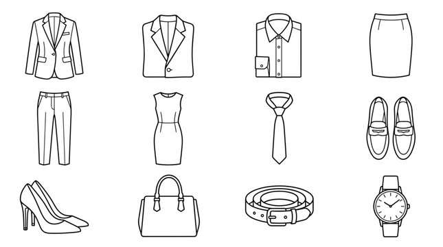 Corporate Business Dress Code Line Icon Set with Professional Suits Shirts Ties Skirts High Heels Leather Belts and Wristwatch Fashion Elements