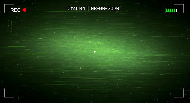 Dark green surveillance camera screen with REC indicator, date, battery, and grainy digital effect.