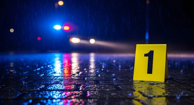 Crime scene marker '1' on wet asphalt with blurred police lights in the background at night.