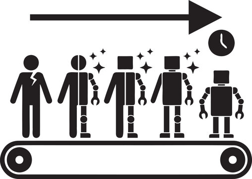 People on conveyor belt getting transformed into robots showing automation process.