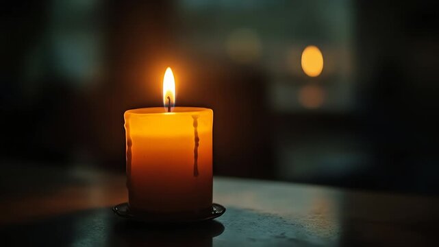 Lit candle with warm glow on tabletop in dim setting