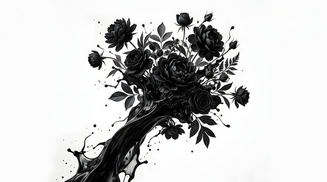 High contrast black ink splash blossoming into fine art flowers, creative botanical illustration isolated on white