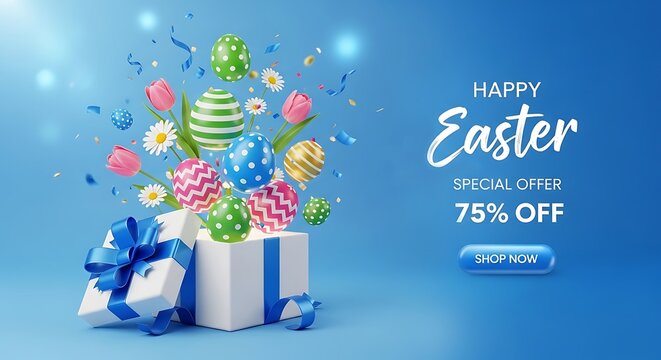 3D Easter sale promotion gift box exploding with colorful decorated eggs and flowers