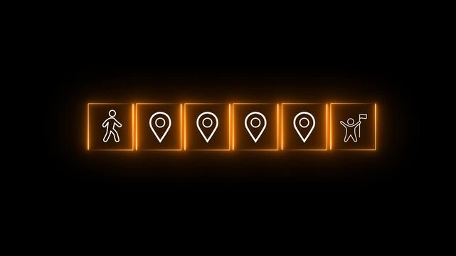 Career Path and Development Strategy Concept. Arranging neon icons success roadmap and journey, symbolizing a structured career path and strategic development. Planning, growth, progress