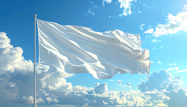 A plain white flag waving in the wind against a bright blue sky with fluffy clouds, symbolizing peace, surrender, or a blank canvas for design
