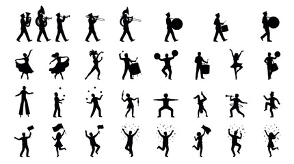Street Music Carnival Fusion Silhouettes Sets Packs, Editable Vector Stroke Illustrations. containing silhouette, parade, musician, dancer, juggler, celebration and more Music Festivals silhouettes © MasterTech