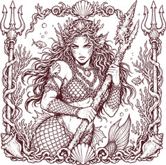 Dark Mermaid Queen Tridents illustration © Mohammad Graphics