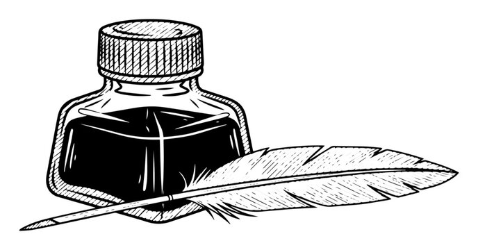 Ink bottle with quill feather in hand drawn sketch style
