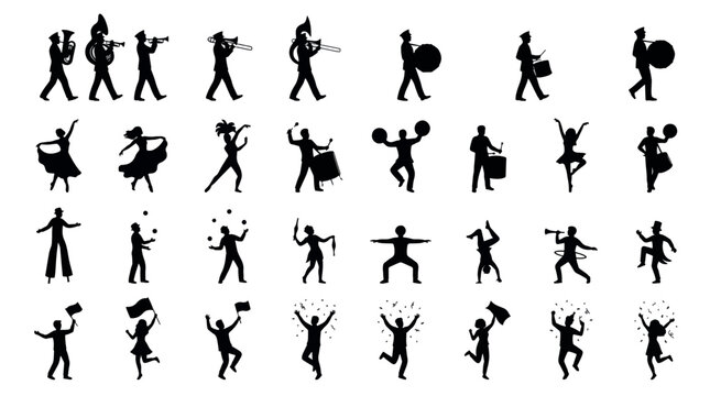 Street Music Carnival Fusion Silhouettes Sets Packs, Editable Vector Stroke Illustrations. containing silhouette, parade, musician, dancer, juggler, celebration and more Music Festivals silhouettes
