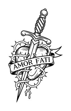 amor fati dagger piercing heart traditional tattoo vector shape black