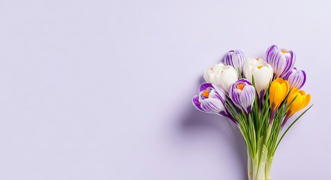 Spring crocus flower background purple white and yellow blooms on lavender