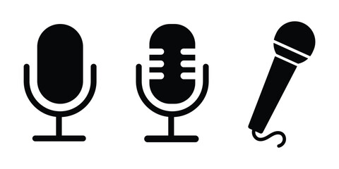 Three distinct black microphone arranged horizontally on a white background showcasing different styles of microphones including a classic studio microphone and a handheld microphone © MdSohel
