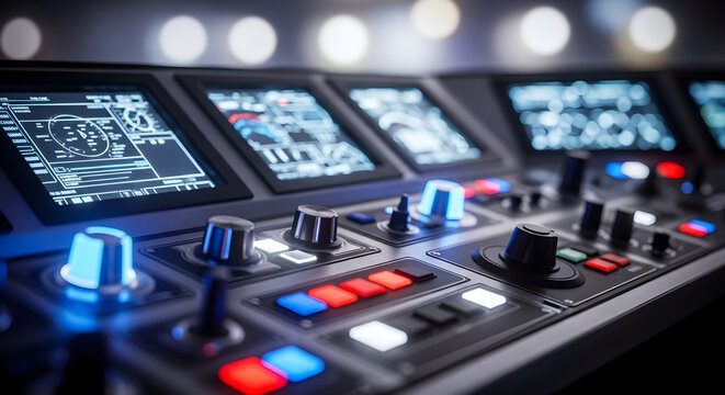 Futuristic control panel with glowing buttons and digital screens in a cockpit