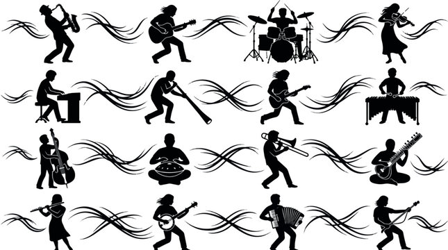 Instrumentalist Live Jam Sessions Silhouettes Sets Packs, Editable Vector Stroke Illustrations. containing music, musician, silhouette, instrument, band, concert and more Music Festivals silhouettes