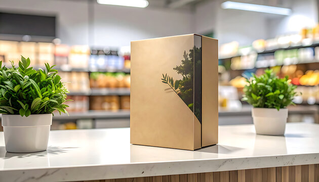 A tall, slim cardboard box with a nature-inspired graphic on the front stands on a counter, flanked by small potted plants, in a store aisle